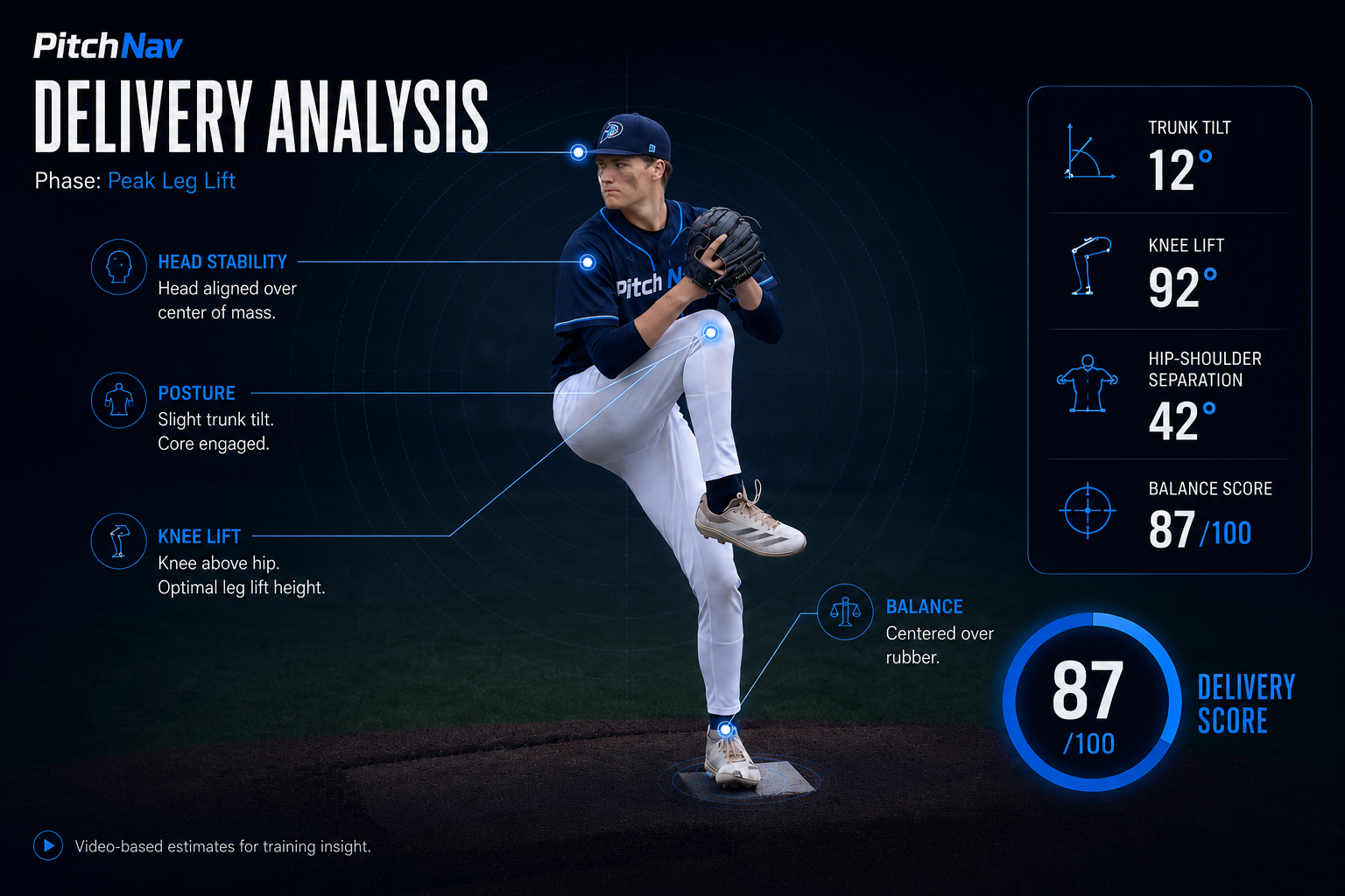 Pitcher in Pitch Nav jersey with an example delivery-analysis breakdown